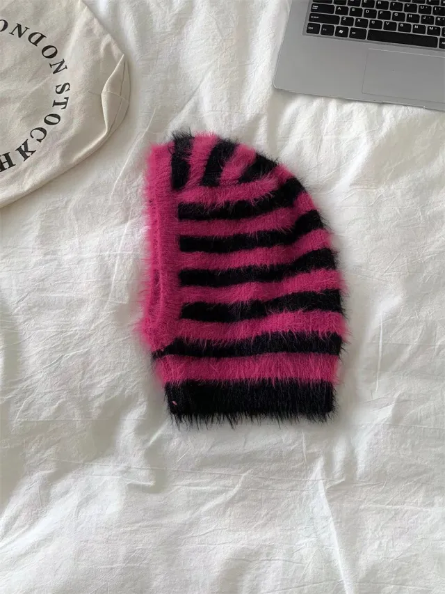 Striped Furry Contrast Color Knitted Woolen Cap Black Pink - Shop at LoveMi