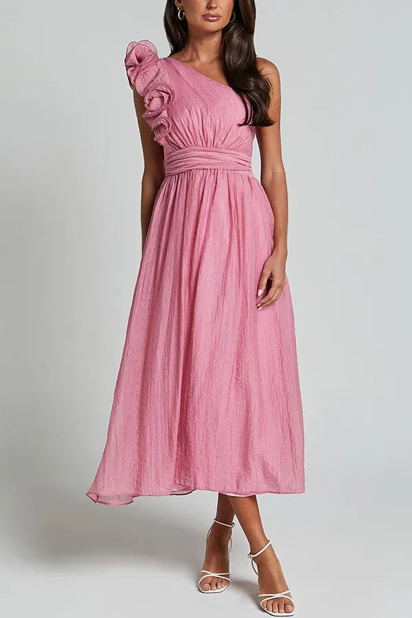 Sexy Solid Color Sloping Shoulder Backless Dress Pink - Shop at LoveMi