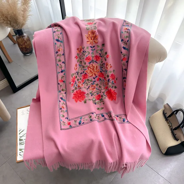 Red Gold Silk Embroidered Scarf For Women Winter All matching Wool Extra Thick Pink - Shop at LoveMi