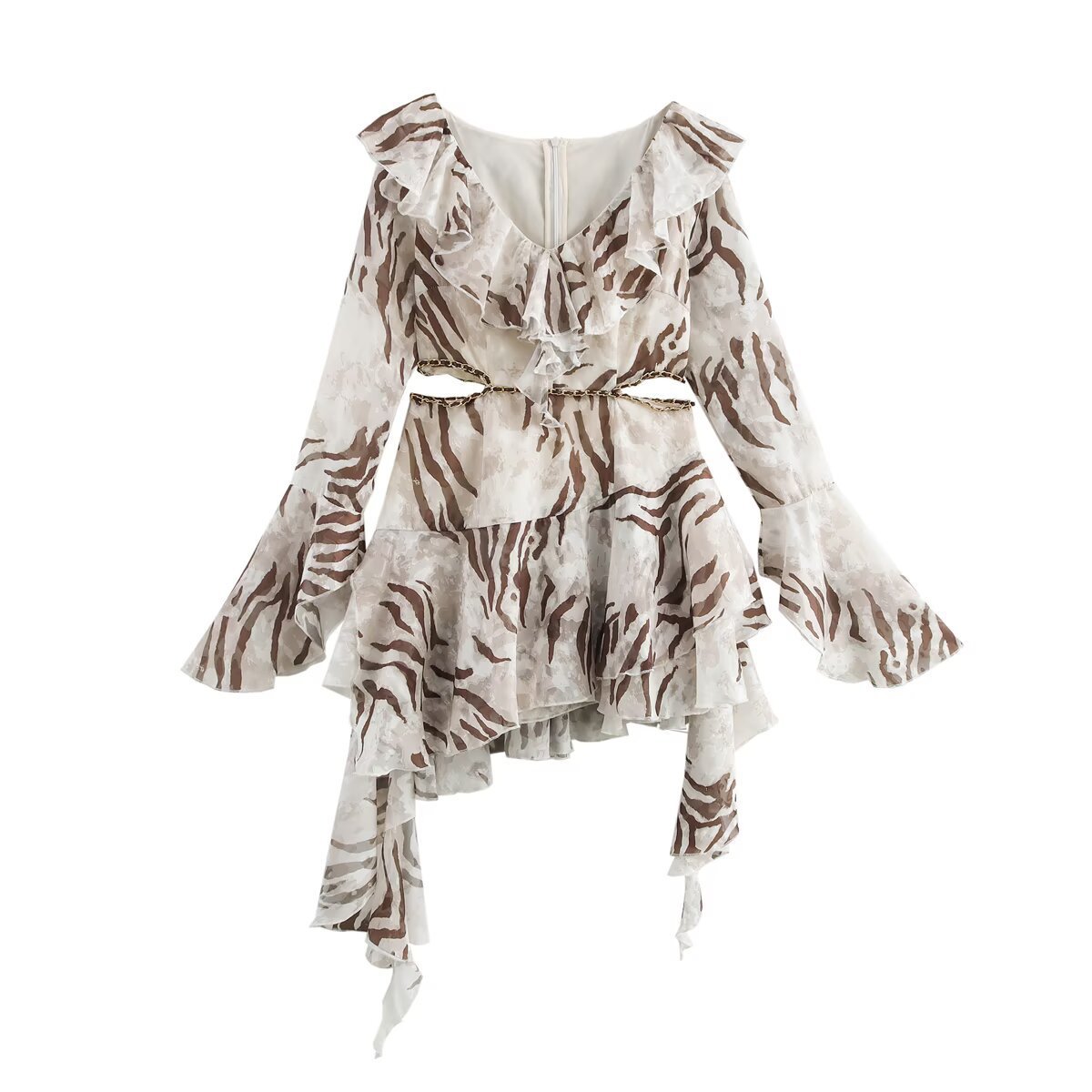 Chiffon Cut Flower Print Ruffled Long Sleeve Dress Printing S - Shop at LoveMi