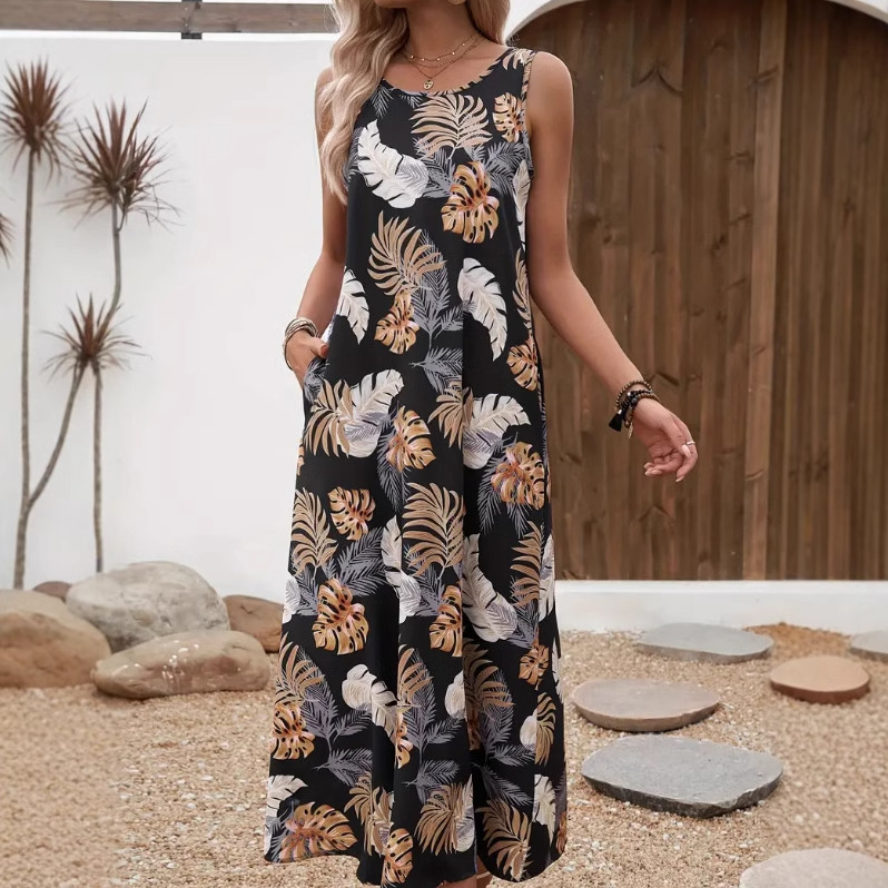 Sleeveless Printed Round neck Vest Dress Black - Shop at LoveMi