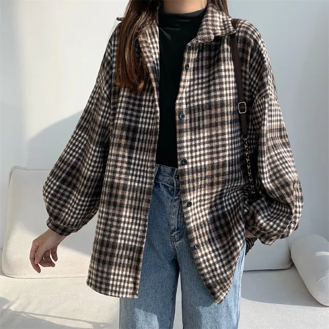 Retro Brushed Plaid Long sleeved Shirt For Women Fine Black Grid - Shop at LoveMi