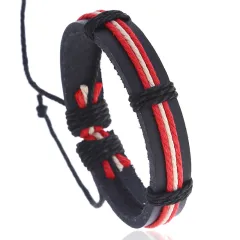 Colourful Hemp Rope Woven Leather Bracelet - Red Beige Line - View 1
