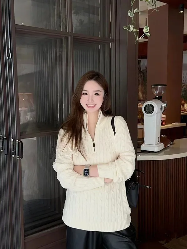 Embroidered Sweater Half Zipper Sweater Sweater Temperament Slimming Short Top White - Shop at LoveMi