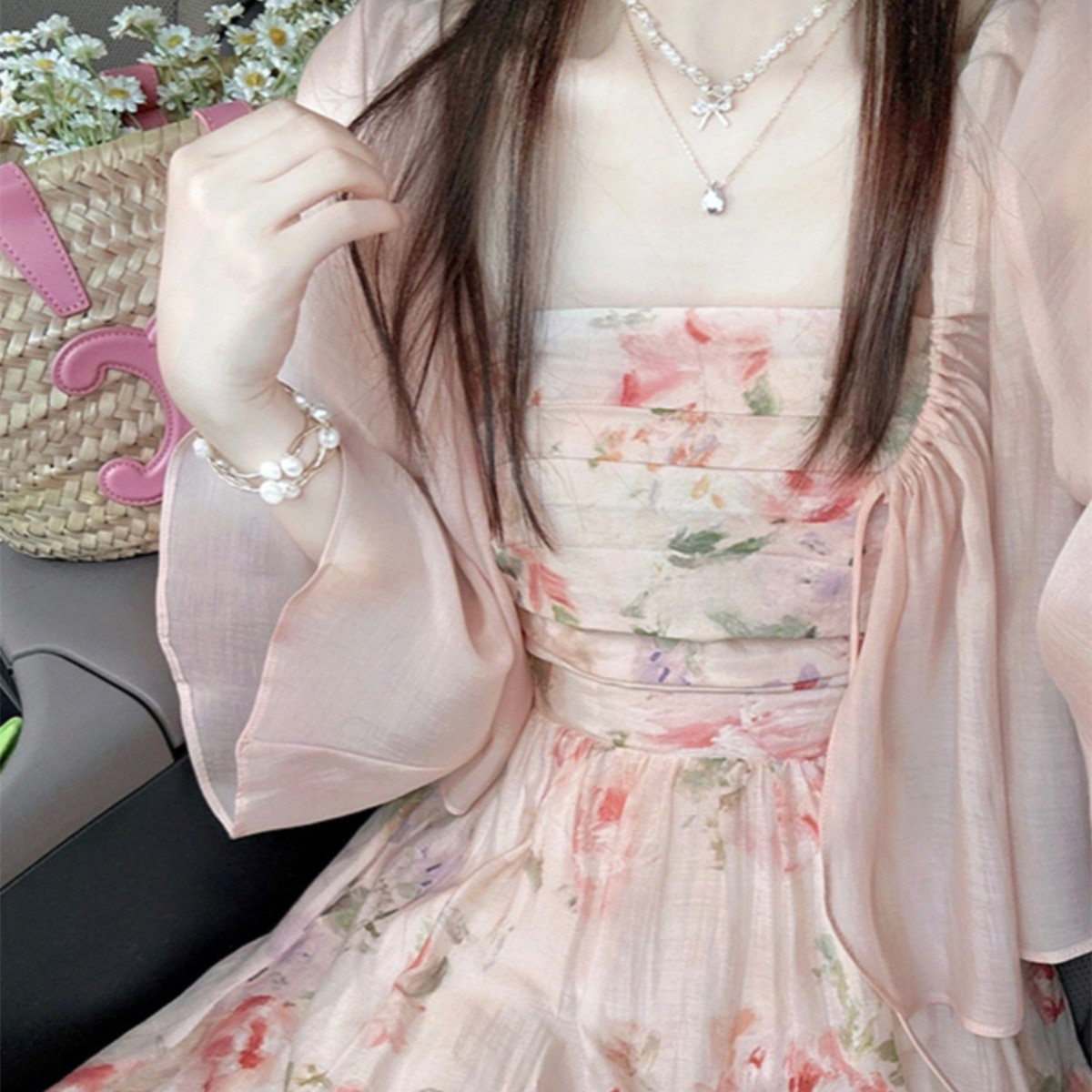 Women's French-style Vintage Floral Sling Dress Cardigan