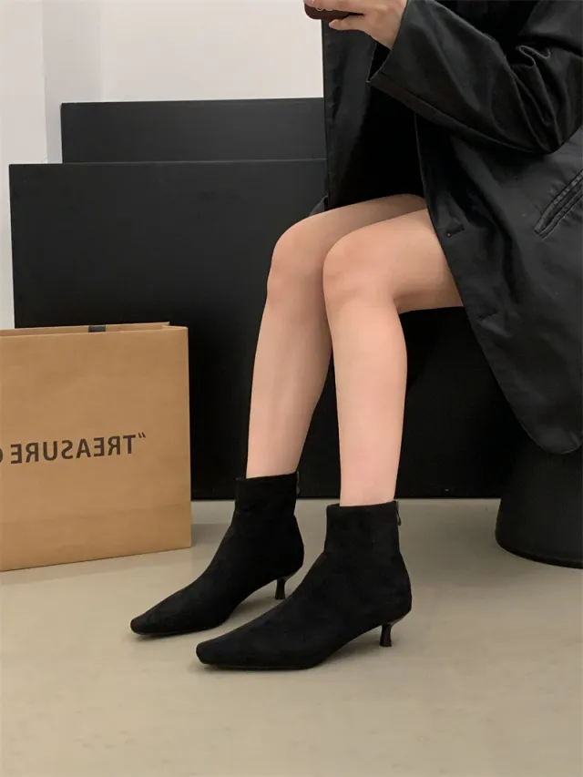 High Heel Square Toe Thin Korean Style Stiletto Heel Simple Commuter Ankle Boots Black - Shop at LoveMi