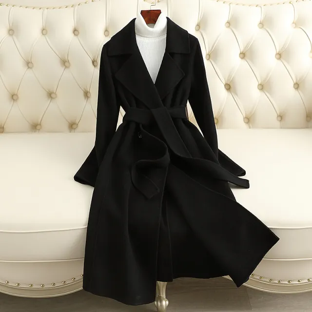 Cashmere Coat Slim Fit Thin Over The Knee Woolen Coat Black - Shop at LoveMi