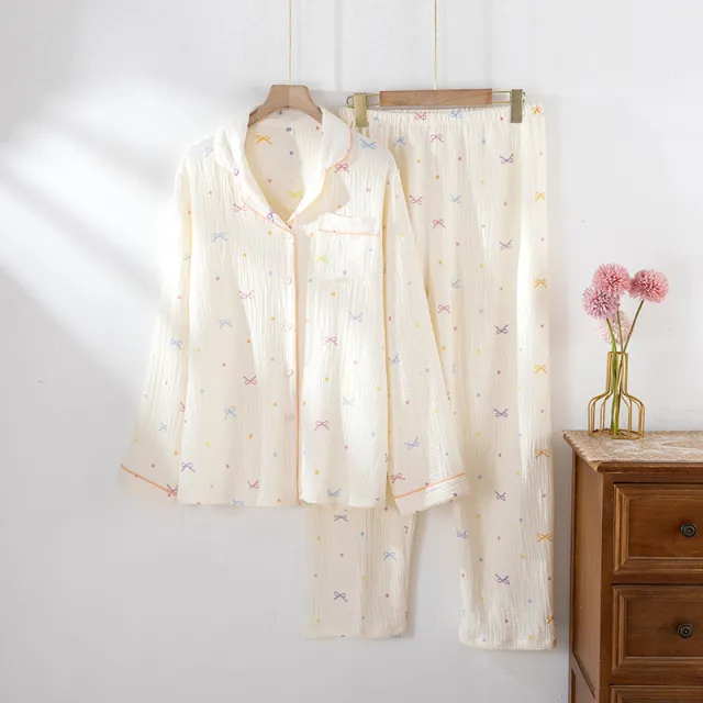 Women's Cotton Pajamas Crepe Cotton Cloth Thin Long sleeved Homewear Suit Beige - Shop at LoveMi