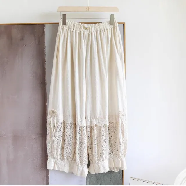 Forest Style Fully Hollowed Out Embroidered Patchwork Lantern Pants Beige - Shop at LoveMi