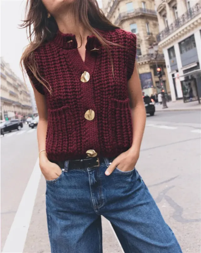 Women's Button Thick Knitted Short Cardigan Wine Red - Shop at LoveMi