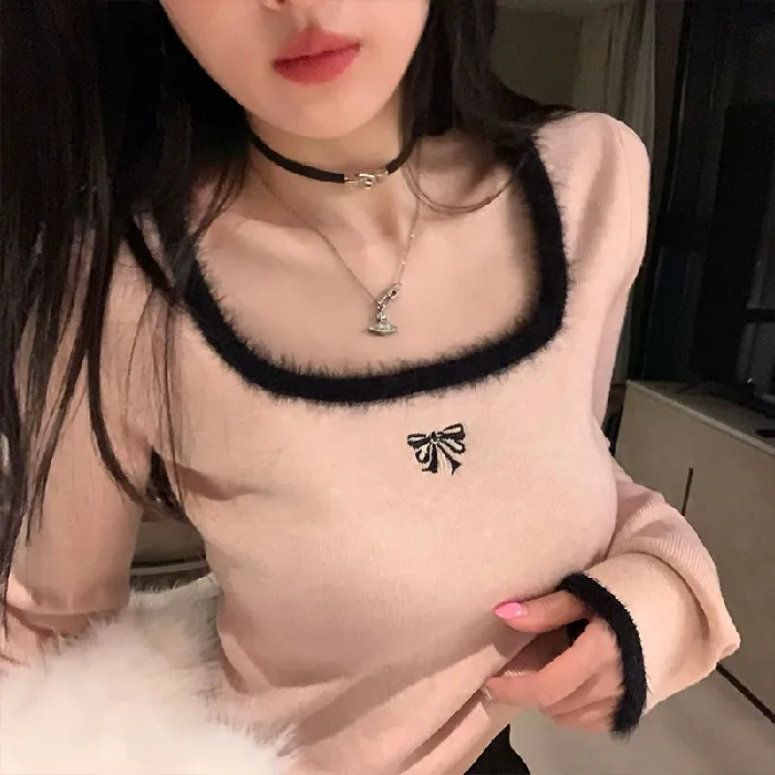 Womens Stylish Square-neck Embroidered Slim-fit Cropped Top - Pink