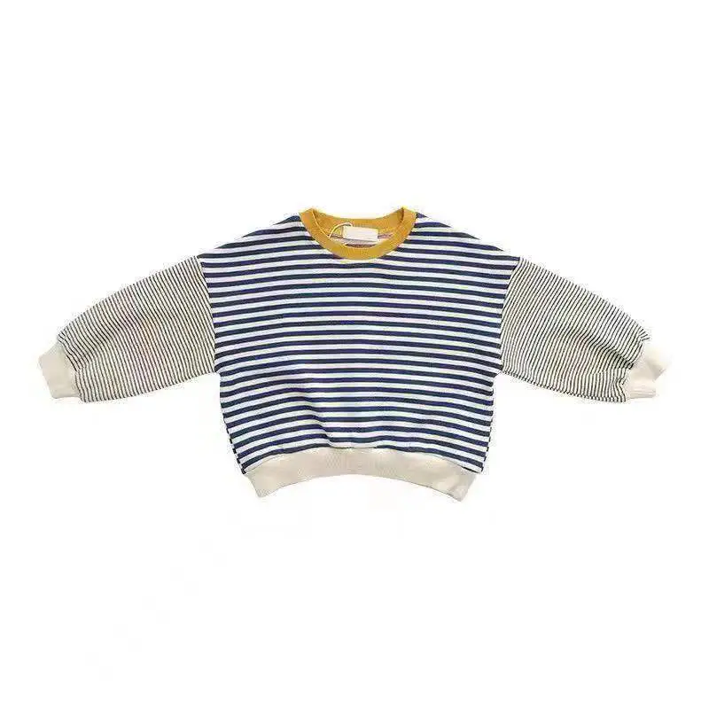 Boys' Striped Pullover Sweatshirt with Contrast Color Neckline