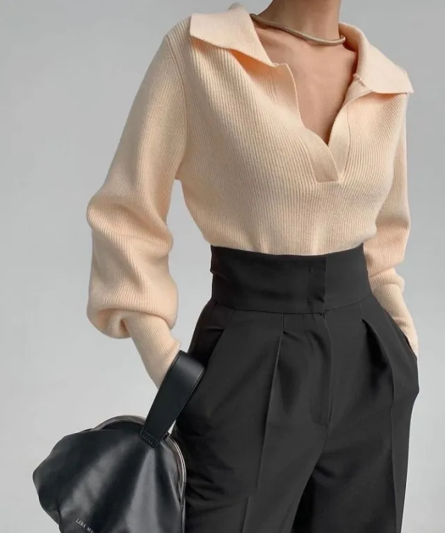 Paul Lapel Elegant Top Sweater Apricot - Shop at LoveMi