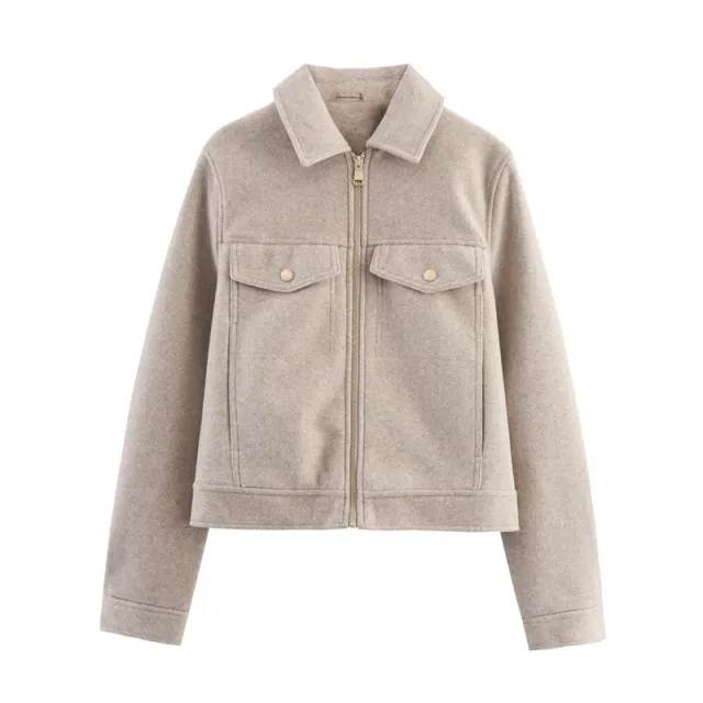 New European And American Style Soft Zipper Lapel Jacket Beige - Shop at LoveMi