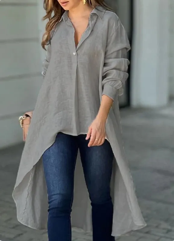 Elegant Long Sleeve Fashion Solid Color Loose Lapels Shirt Gray - Shop at LoveMi