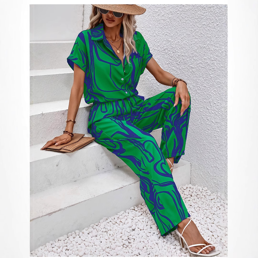 Womens Printed Short-Sleeve Shirt And Casual Pants Set