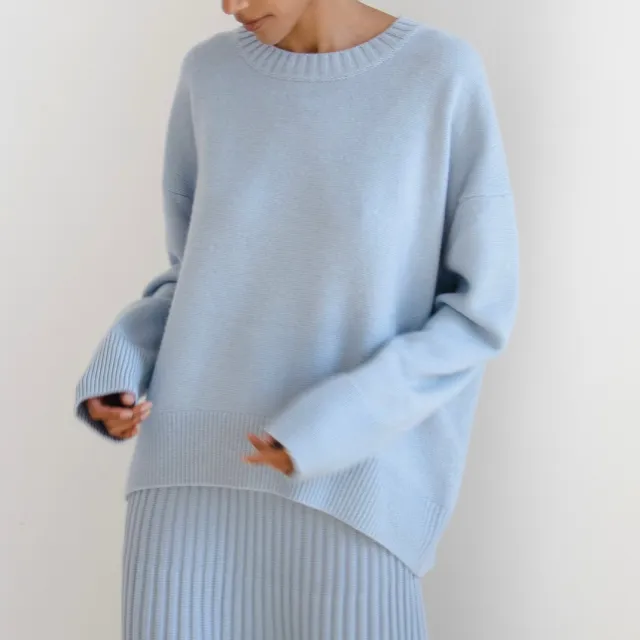 Women's Double Layer Round Neck Sweater Loose Light Blue - Shop at LoveMi
