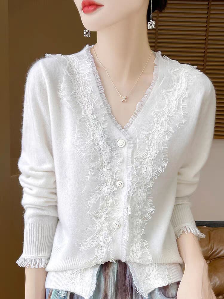 Autumn V-neck Lace Cardigan Women's Top