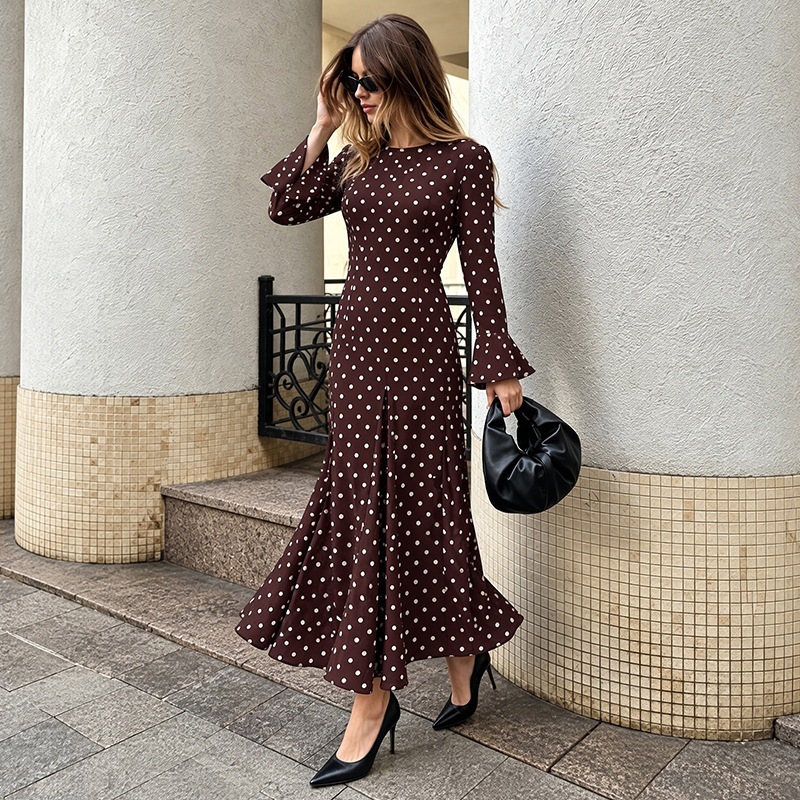 Women's Autumn New Style Waist-Cinching Bell-Sleeve Polka-Dot Dress