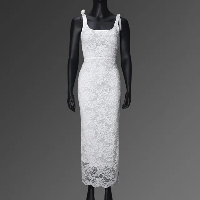 Lace Bow Sexy Backless Lace Double Layer Length Dress White - Shop at LoveMi