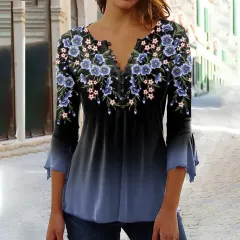 Fashion Flower Printed V-neck Three-quarter-length-sleeved T-shirt - Element 9-4Xl - View 1