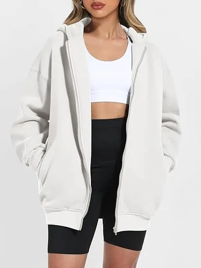 Women's Zipper Hooded Sweatshirt Oversized Long Sleeve White - Shop at LoveMi