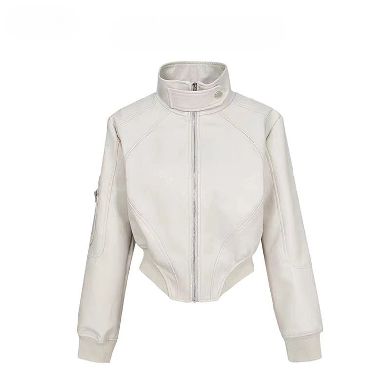 American Retro Short Leather Jacket Women Gray - Shop at LoveMi