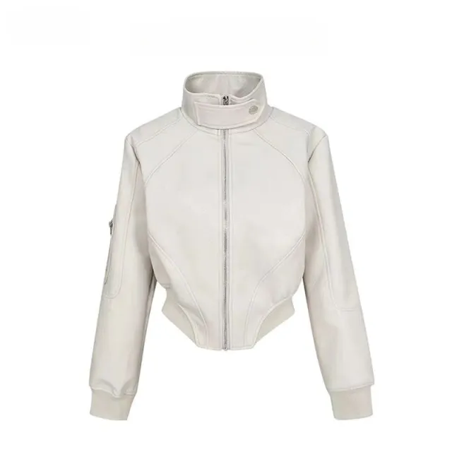 American Retro Short Leather Jacket Women Gray Apricot White - Shop at LoveMi