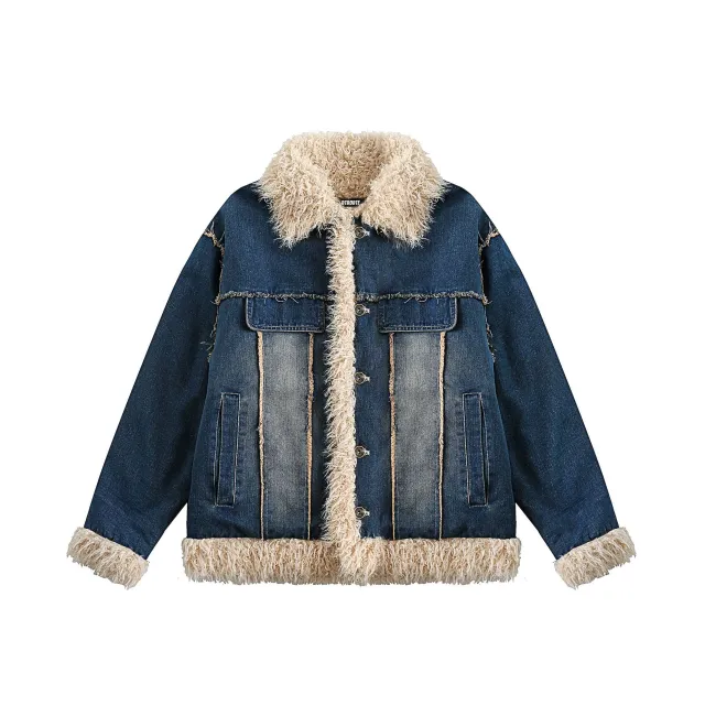 Blue Denim Fur Collar Coat Women's Retro Cotton Denim Blue - Shop at LoveMi
