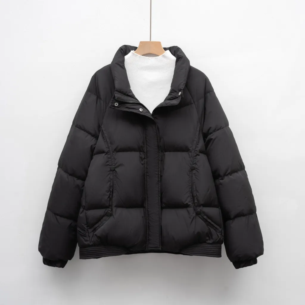 Women's Petite Thick Loose Duck Down Coat With Stand-up Collar For Warmth - Black