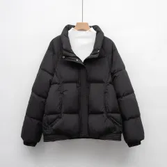Women's Petite Thick Loose Duck Down Coat With Stand-up Collar For Warmth - Black - View 1
