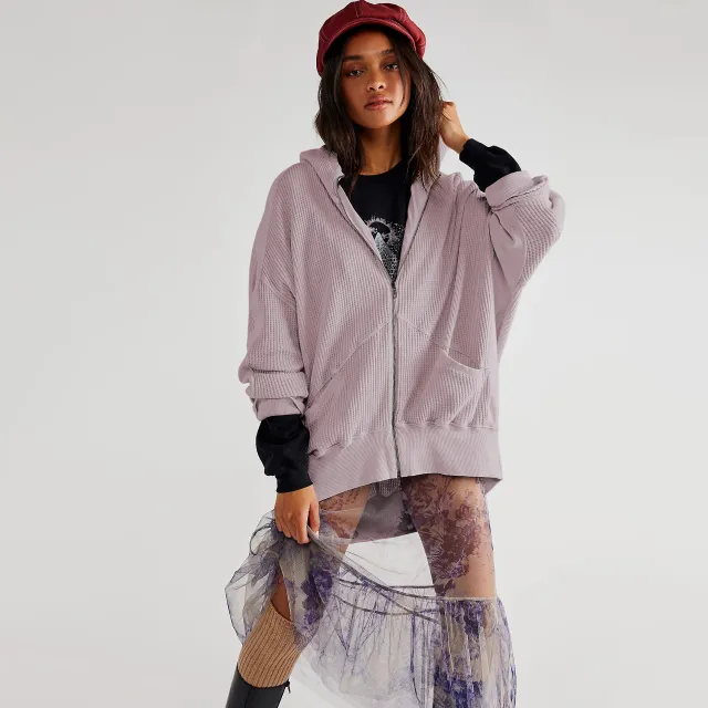 Waffle knit Cardigan With Zipper Relaxed fit Women's Hoodie Pink Purple - Shop at LoveMi