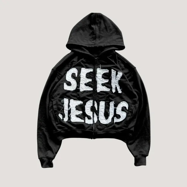 European And American Style Letter Printed Hoodie Zipper Cardigan Loose Hip Hop Sweater Black - Shop at LoveMi