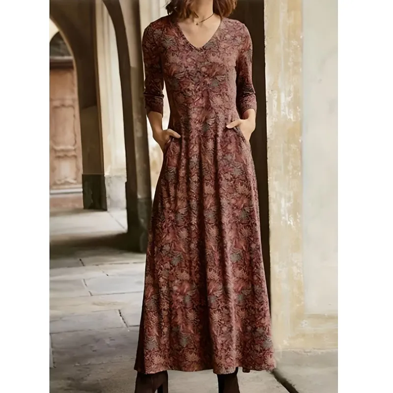 Women's Cotton Printed V-neck Pocket Long Sleeved Dress - Red