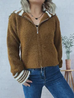 Simple Contrast Colour Large Lapel Zipper Knitted Cardigan Loose Casual Sweater - Brown - View 1