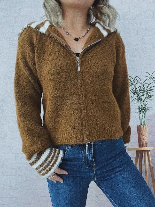 Simple Contrast Color Large Lapel Zipper Knitted Cardigan Loose Casual Sweater Brown - Shop at LoveMi