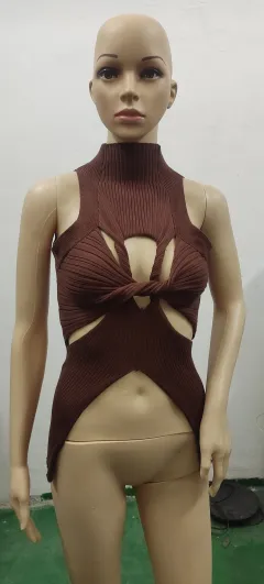 Irregular Sleeveless Hollow-out Twisted Wool Vest For Women - Brown - View 1