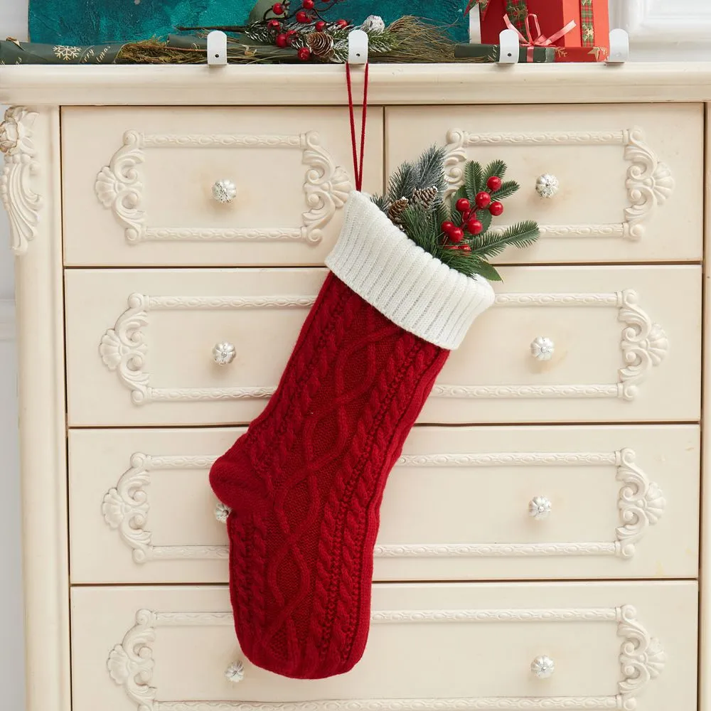 Knitted Christmas Decorations Wool Socks Gift Bag - Red And White Edge