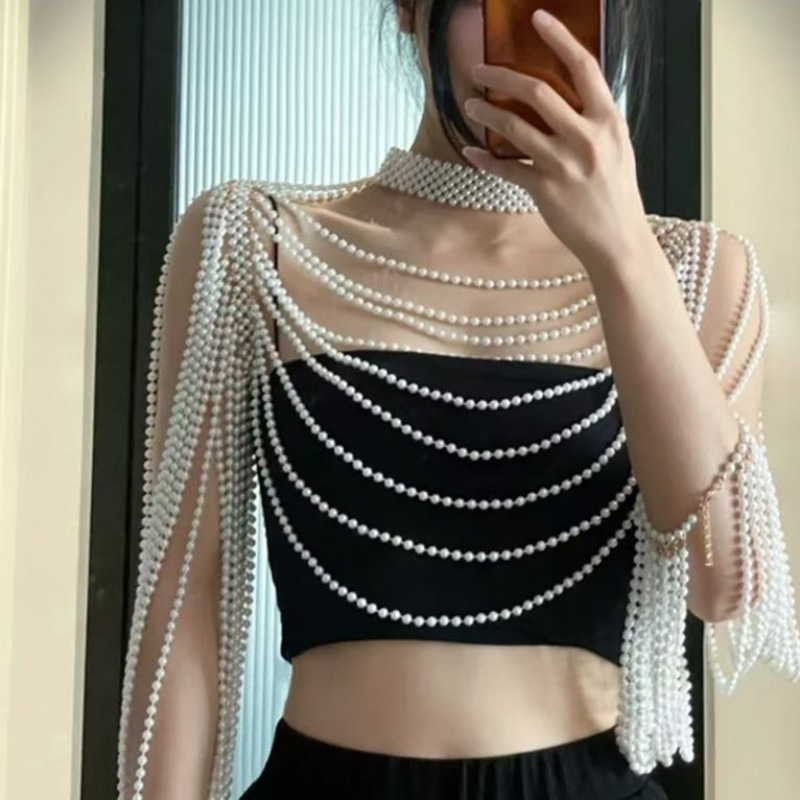Handwoven Pearl Finger Chain Bra Chain Shoulder Chain Body Chain White