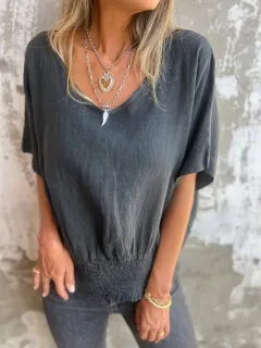 European And American Summer Loose Women's V-neck Casual Cotton Linen Top - Black - View 1