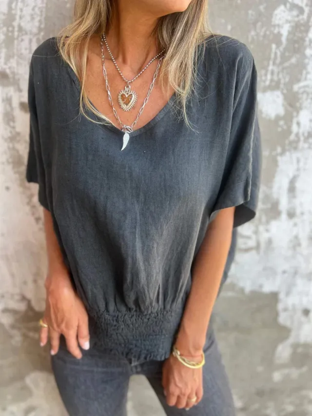 European And American Summer Loose Women's V neck Casual Cotton Linen Top Black - Shop at LoveMi