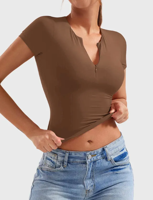 Slim Fit Fashion Yoga Short Sleeve Half Zip Top Coffee - Shop at LoveMi