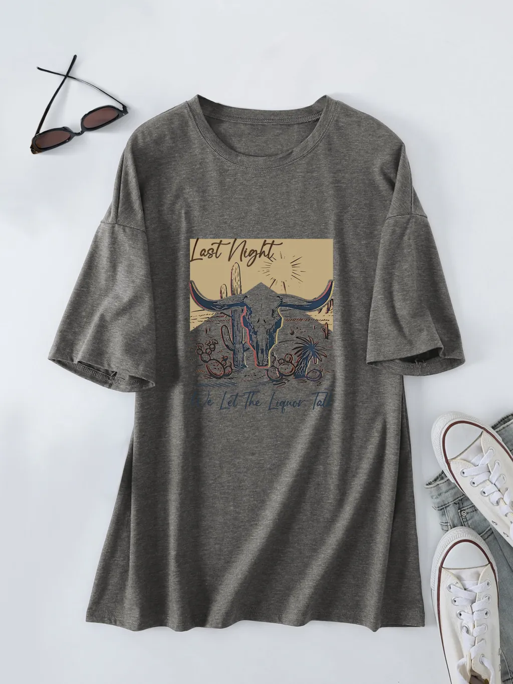 Casual Women's Round Neck Loose Short Sleeves - Dark Gray