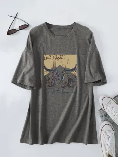 Casual Women's Round Neck Loose Short Sleeves - Dark Gray - View 1