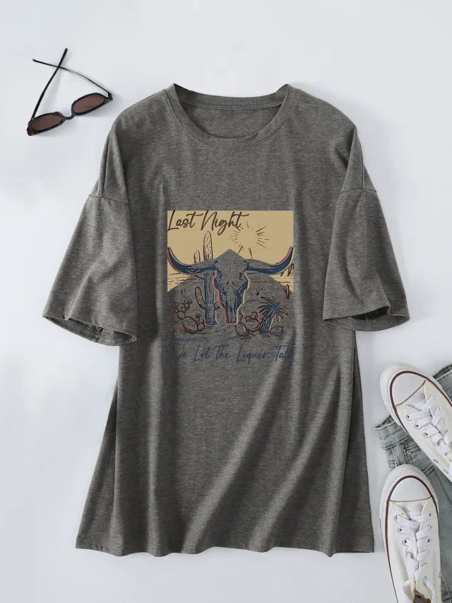 Casual Women's Round Neck Loose Short Sleeves Dark Gray - Shop at LoveMi