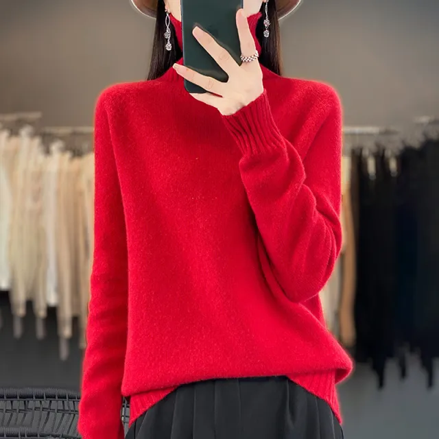 Women's Solid Color Turtleneck Knitting Pullover Long Sleeve Loose Sweater Cherry Red - Shop at LoveMi