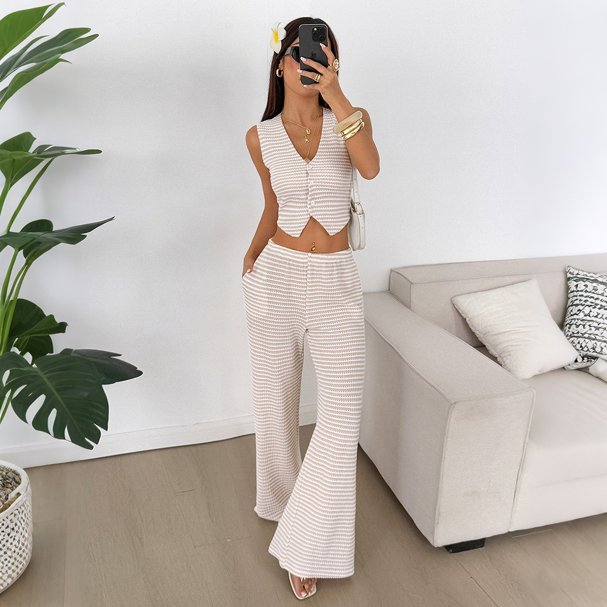 Casual Vacation Style Button Vest Trousers Two-piece Suit Women's Clothing