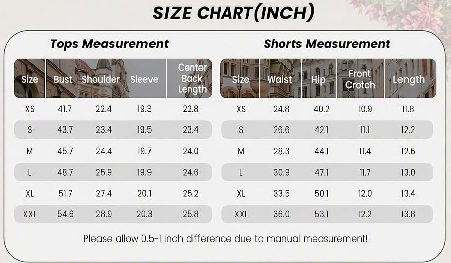 Striped V-neck top and shorts set size chart in inches, showing top and shorts measurements from XS to XXL