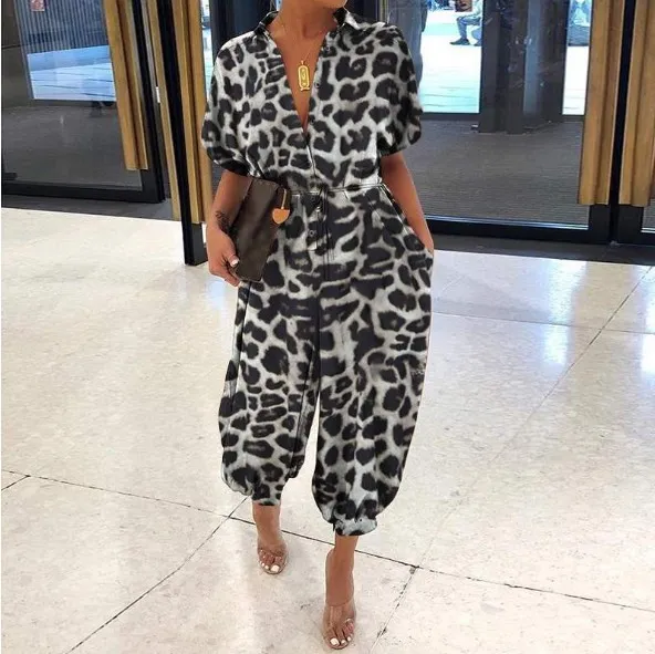 Women's Retro Short Sleeve Button Jumpsuit Black Leopard Print - Shop at LoveMi