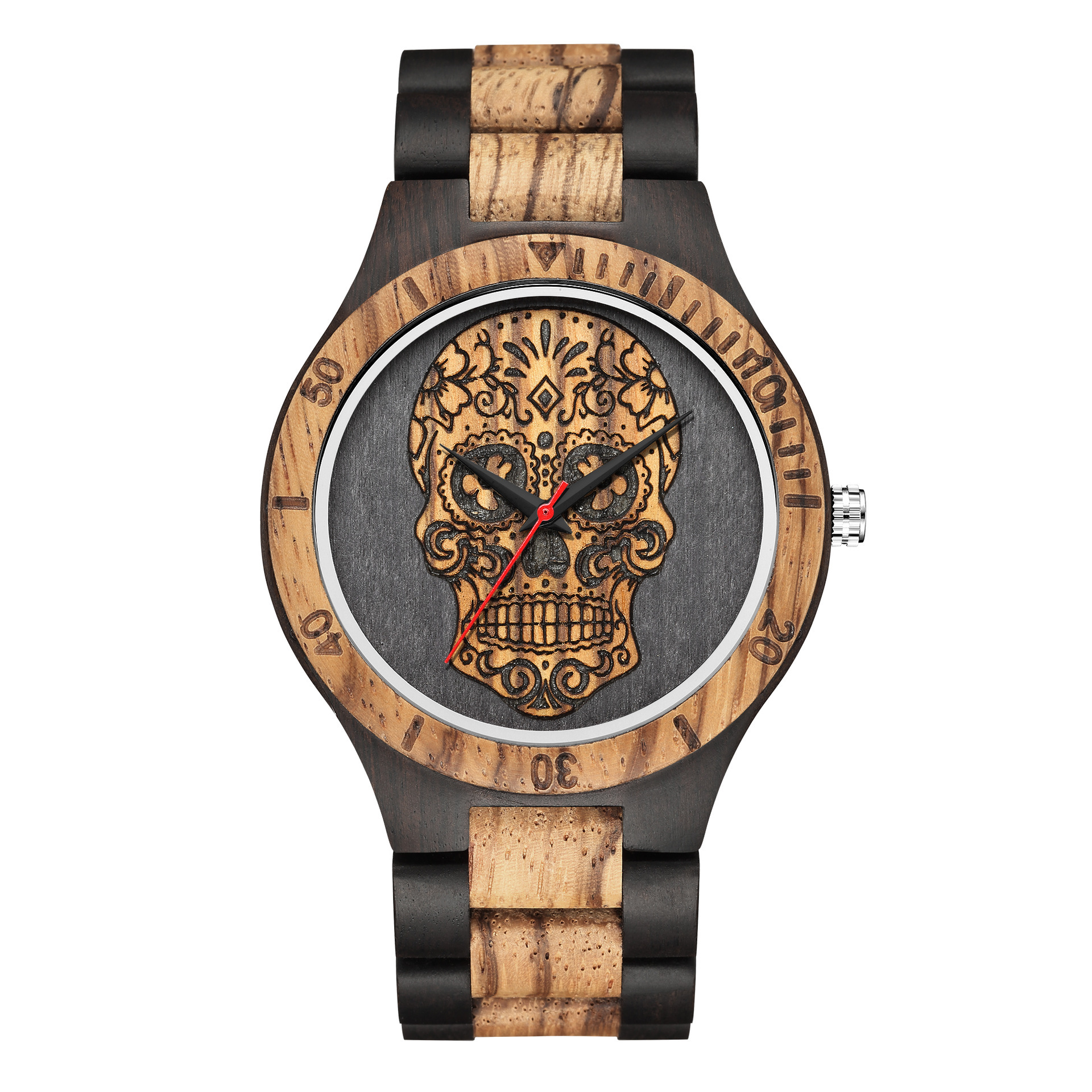 Title 7, Houten schedel horloge met kwarts uurwerk en du...